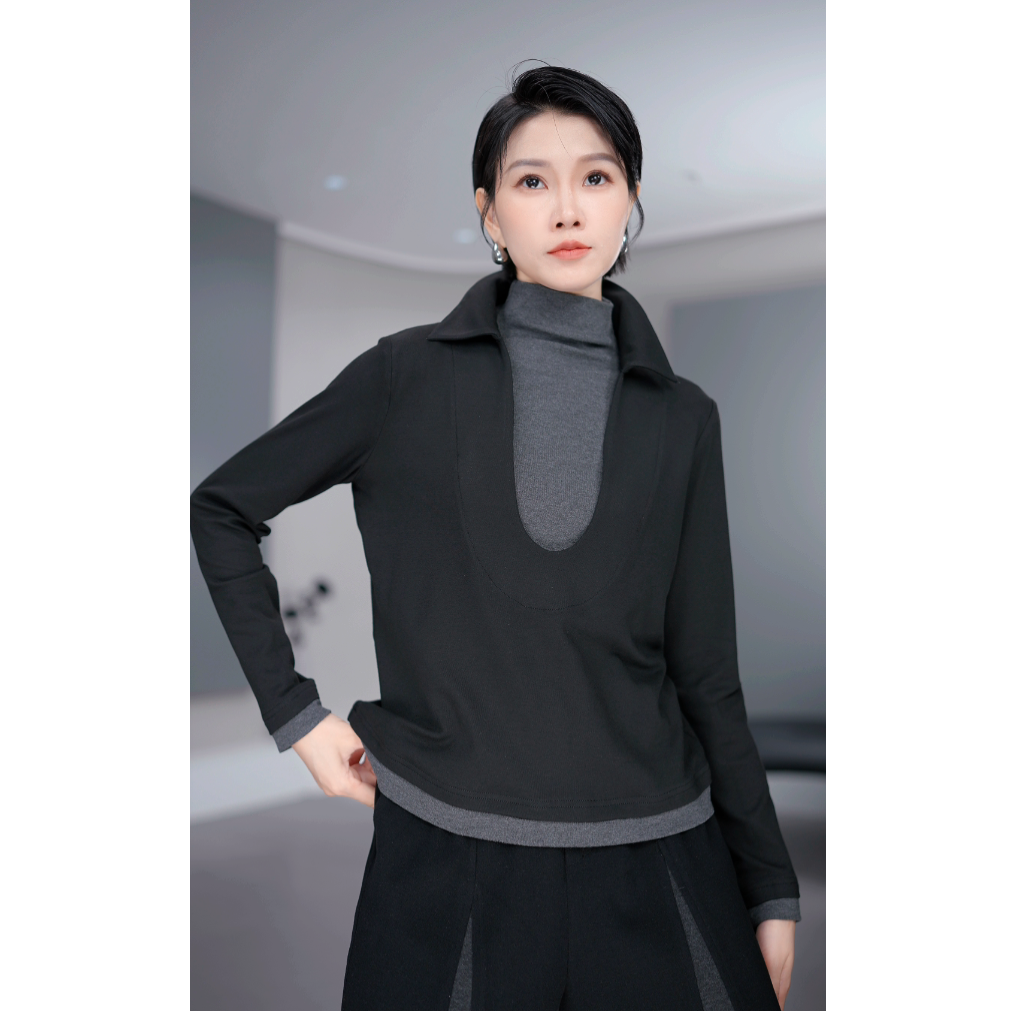 鑫鑫2025秋冬季新款小众炸街高级感女装撞色假两件设计T恤33546