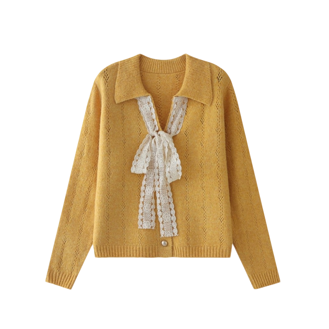 【现货】设计感气质系带蝴蝶结V领羊毛混纺毛衣开衫减龄秋季针织衫