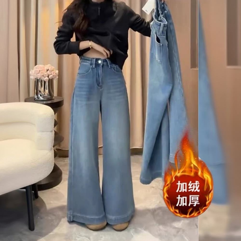 2025秋冬新款简约时尚百搭加绒牛仔裤大码女装高腰宽松显瘦阔腿裤