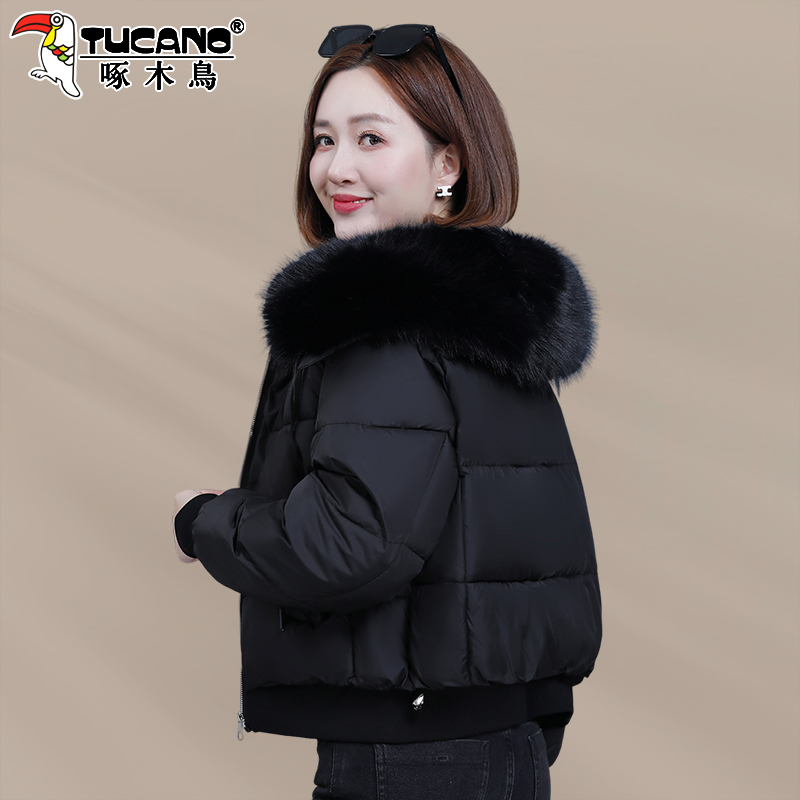 啄木鸟毛领短款棉服女款冬季2025新款小个子洋气棉袄妈妈保暖棉衣