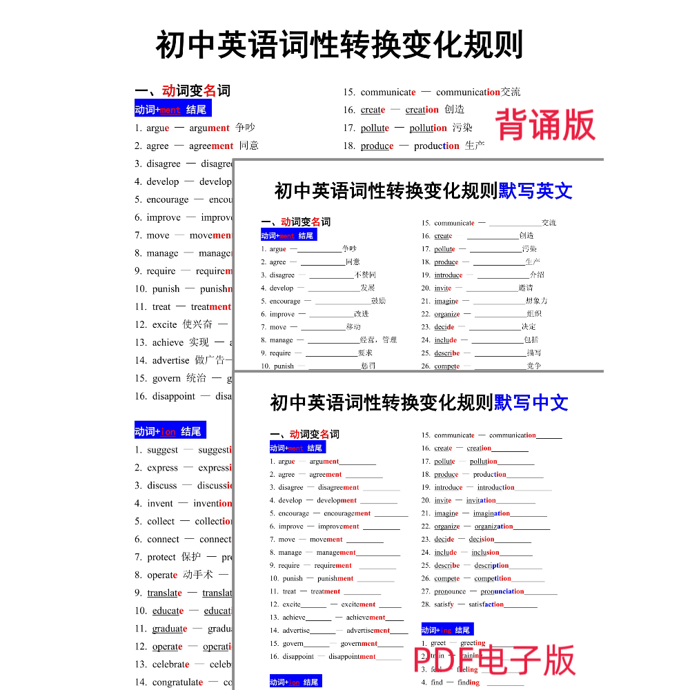 604-1-初中英语词性转换变化规则（背诵 中英默写）PDF电子版