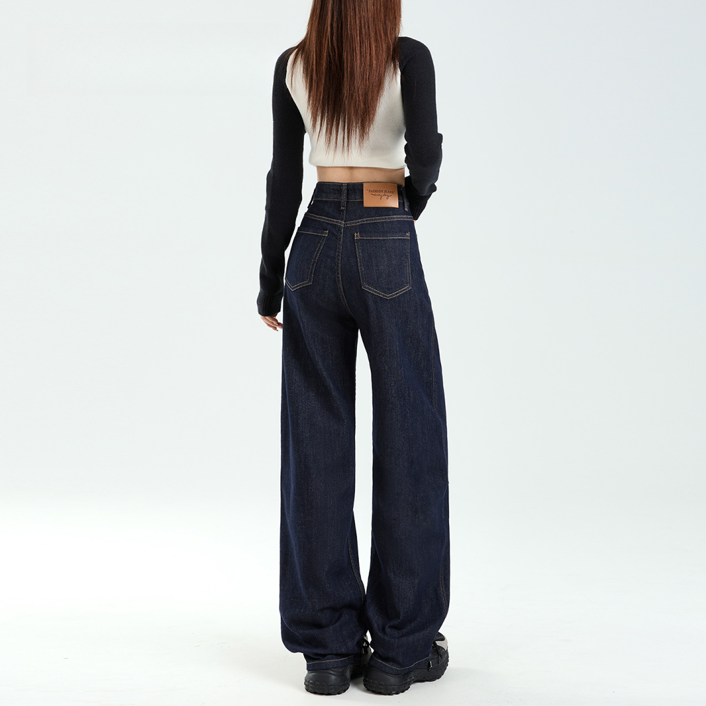 深蓝垂感拖地牛仔裤女款爆款2025新款春秋慵懒风高腰直筒阔腿裤子