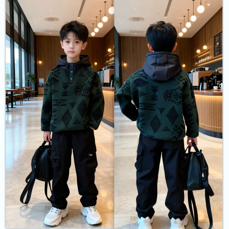 男童加绒卫衣套装2025新款儿童帅气百搭冬季休闲炸街加厚两件套潮