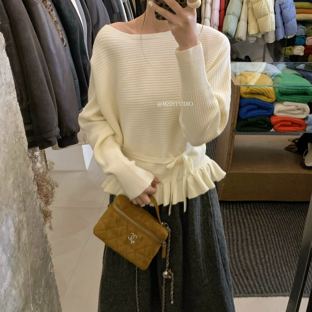 法式小香风荷叶边套头针织衫秋冬季新款时尚气质减龄长袖毛衣ins