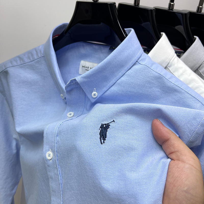 Zero Degree North100%纯棉长袖衬衫男士春秋刺绣牛津纺休闲衬衣