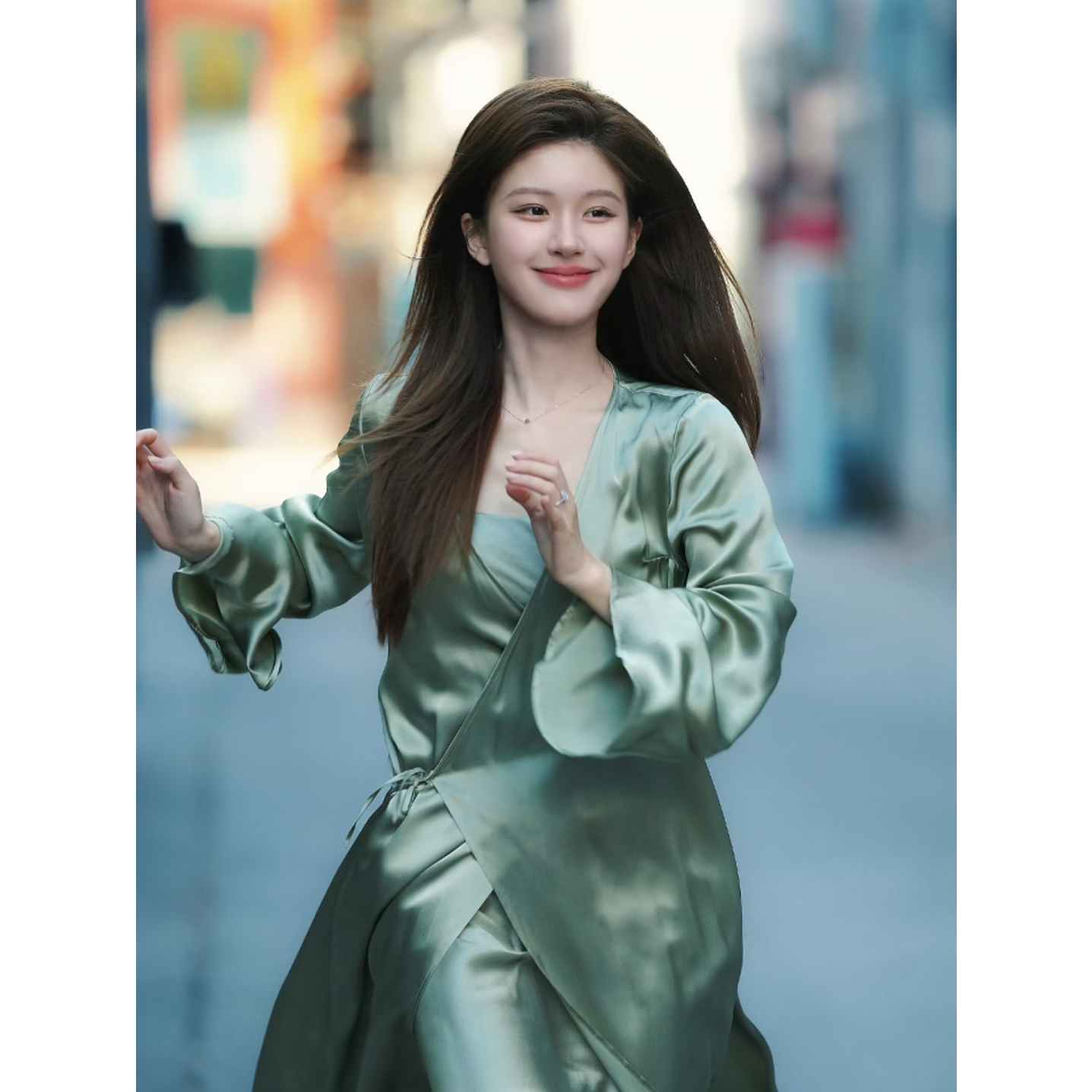 赵露思许研许我耀眼同款绿色宽松绑带修身连衣裙收腰透气时尚新品