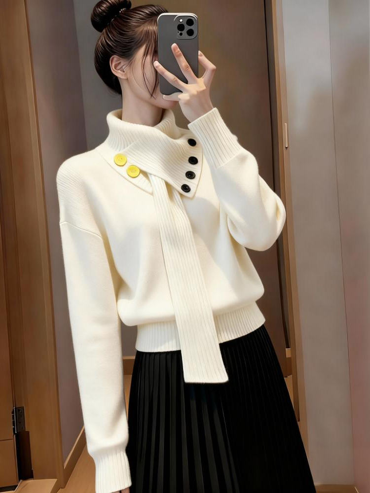 慵懒风韩版围巾领针织衫女2025秋冬新款气质小香风显瘦打底毛衣女