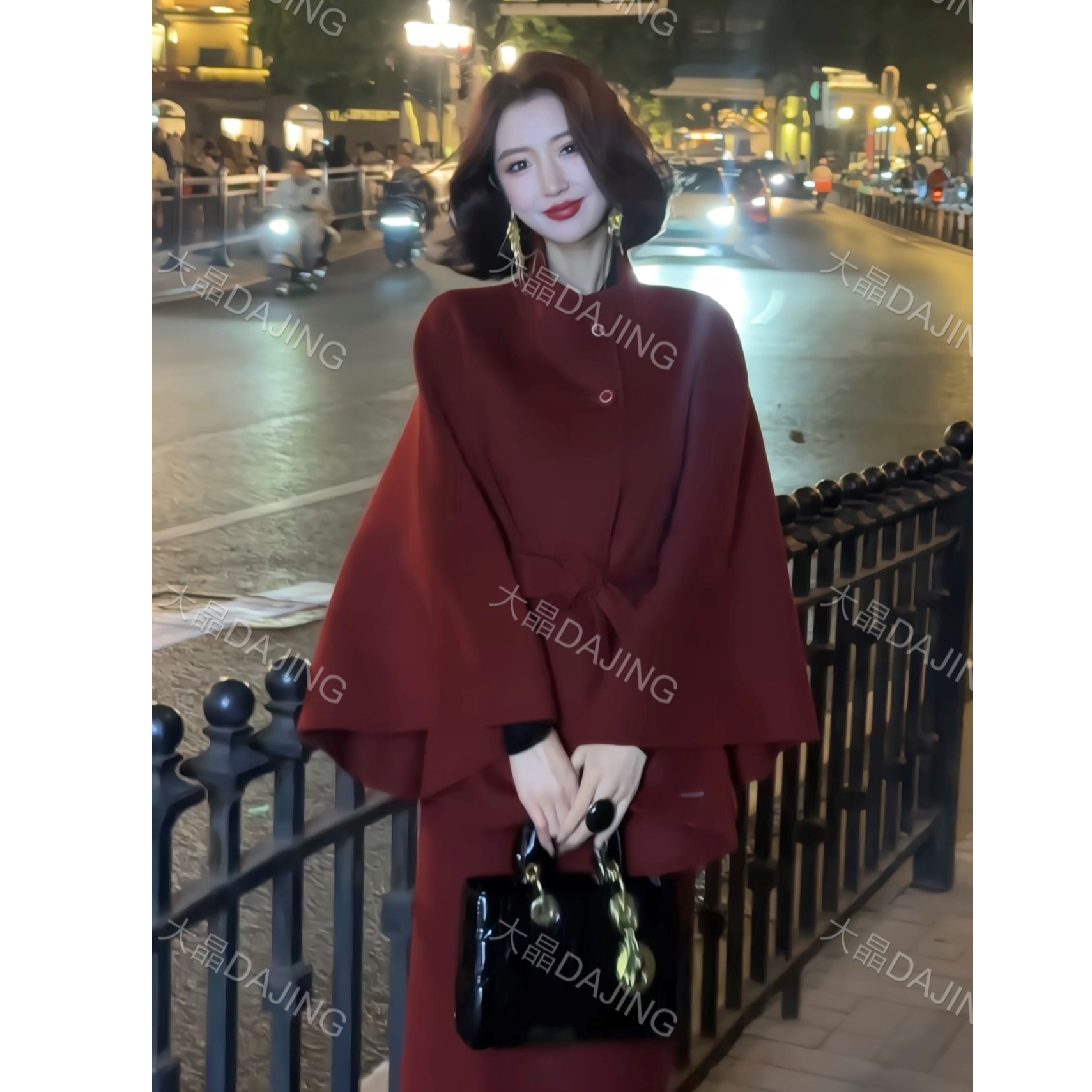 【大晶定制】冬季新款[羊绒羊毛混纺]气质毛呢复古红宽袖两件套套装