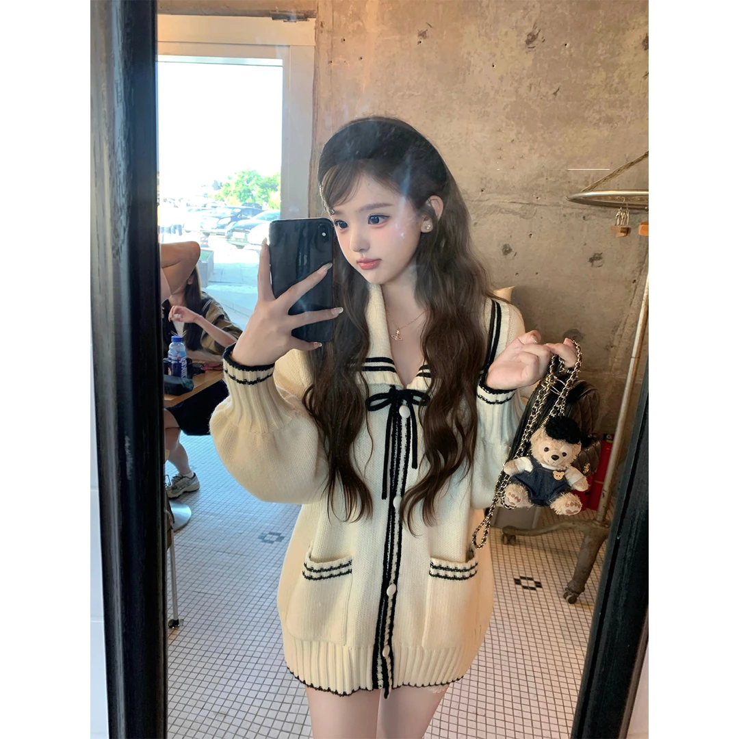 秋冬新款甜美海军风oversized系带减龄针织开衫毛衣外套女