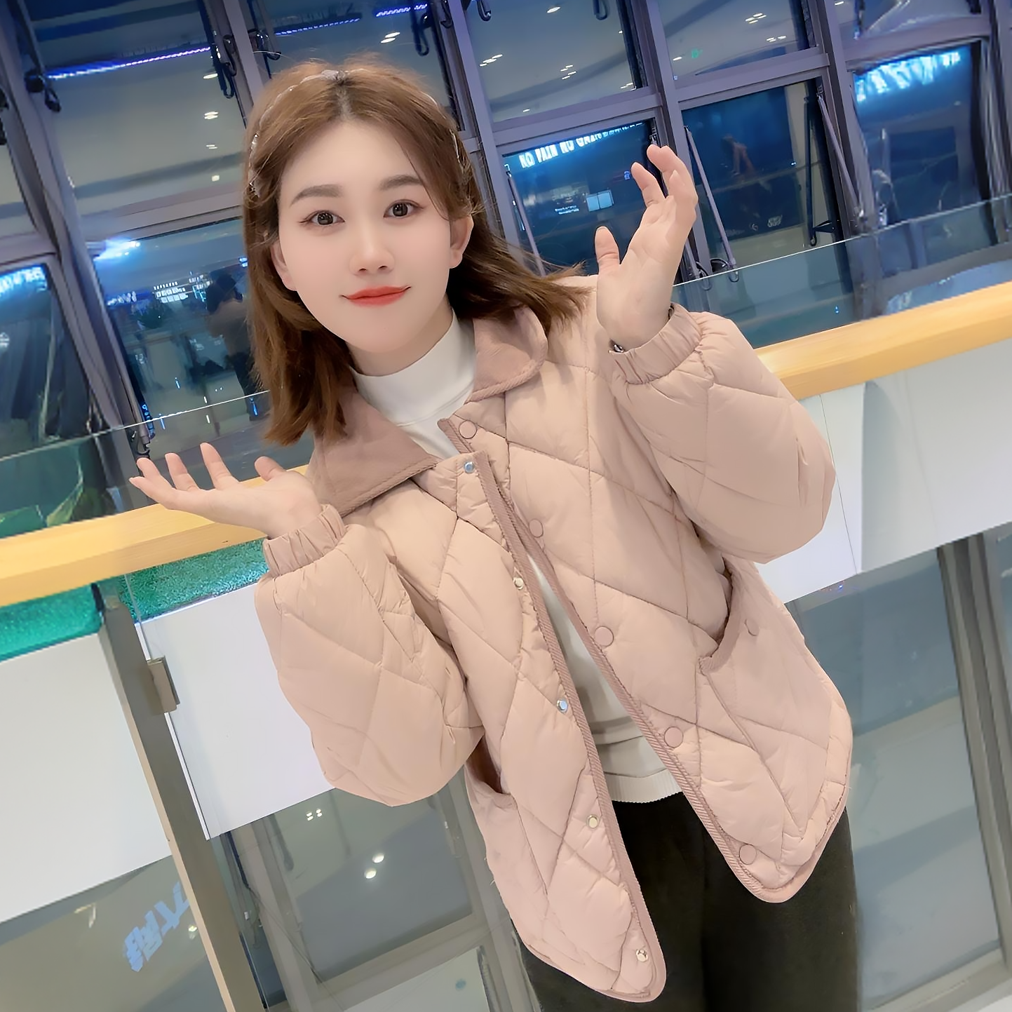 8802 三防面料整张棉百搭显瘦温柔减龄短款菱形格冬季棉服外套