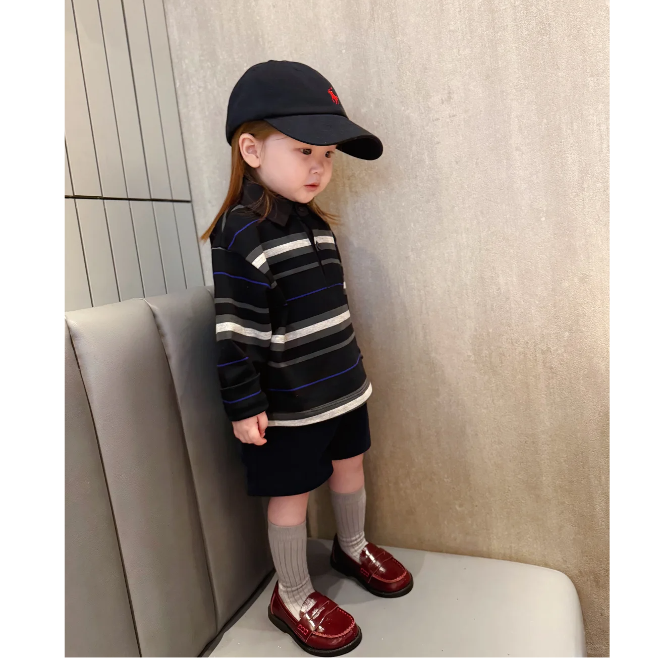 壹妈韩版童装女童早秋套装洋气儿童条纹polo领长袖上衣休闲短裤