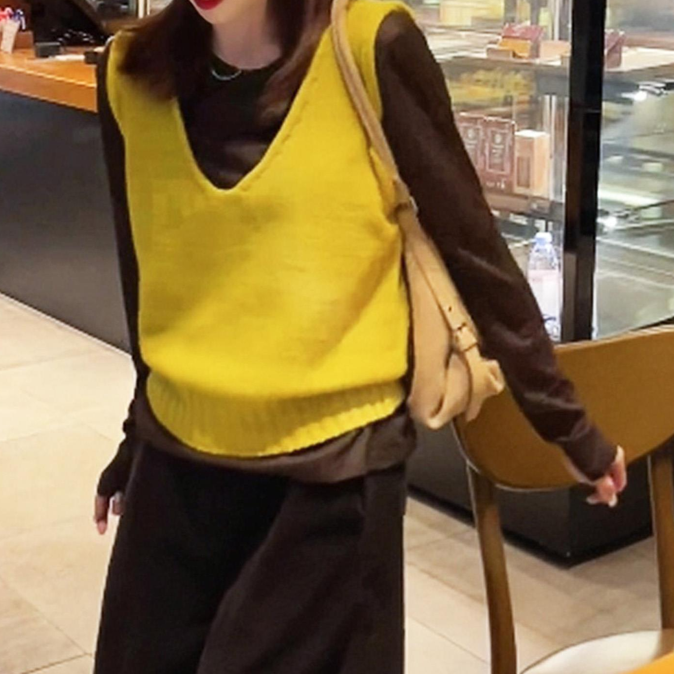 韩系叠穿针织衫马甲T恤两件套女初秋V领吊带背心圆领长袖上衣套装