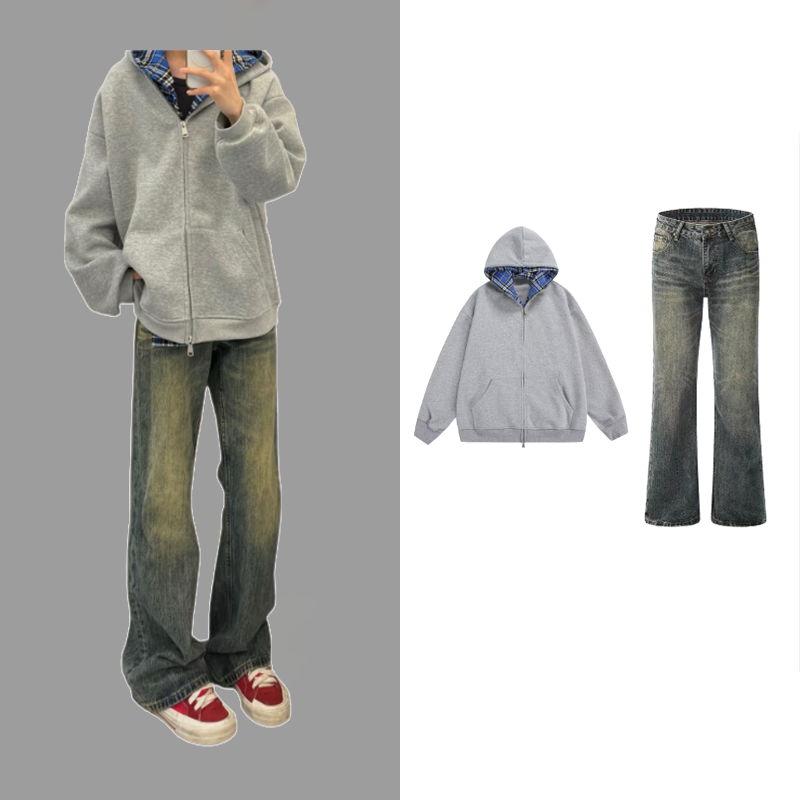 秋冬男生套装保暖长袖格子开衫秋冬连帽卫衣帅气百搭港风男士男装