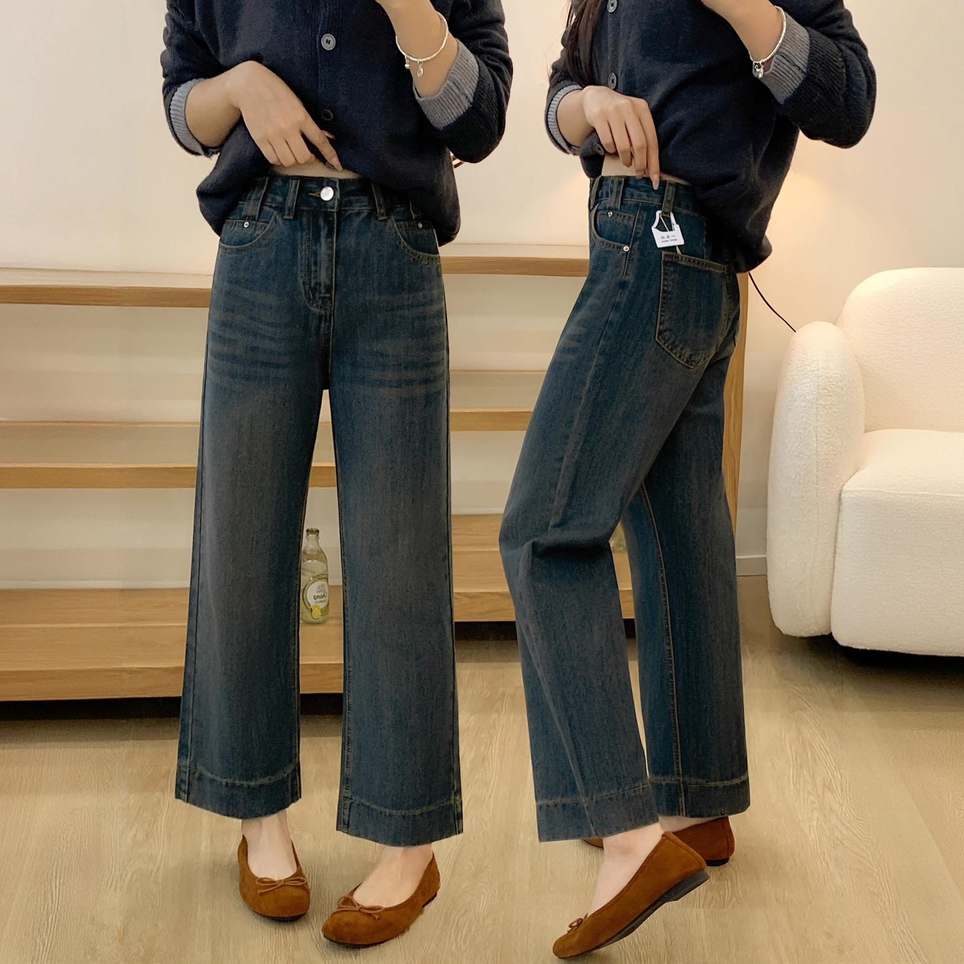 秋冬新款复古蓝加绒直筒牛仔裤大码女装宽松显瘦梨形身材阔腿裤