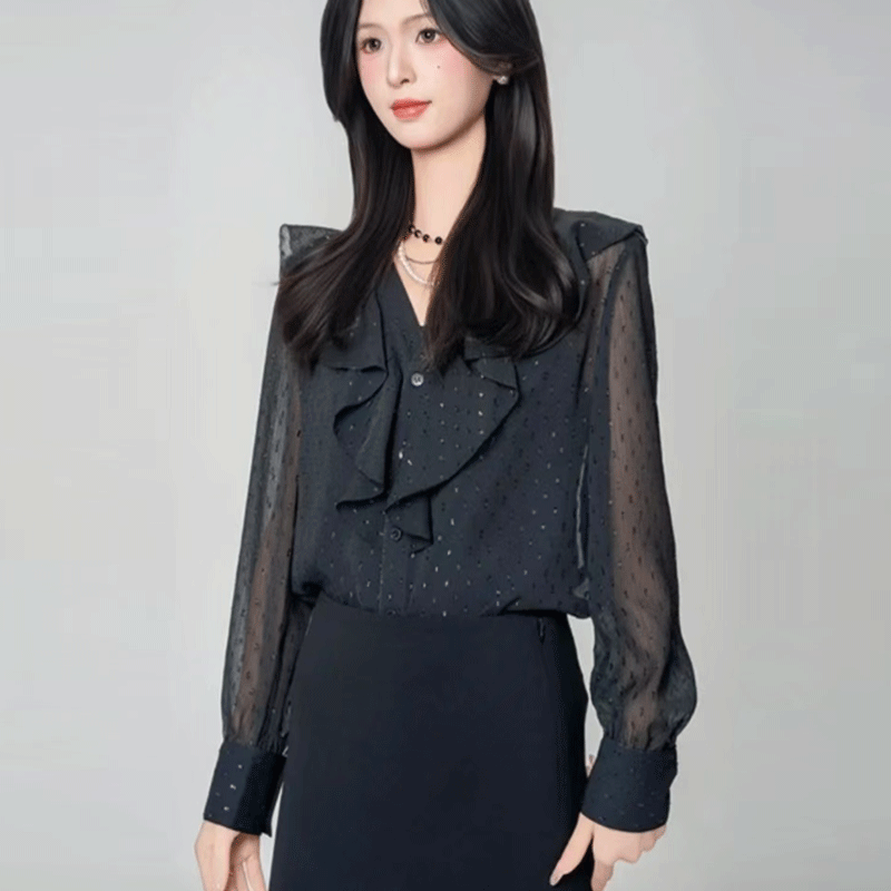 哥弟阿玛施正品设计感V领波点黑色轻职风衬衫气质荷叶边长袖衬衣