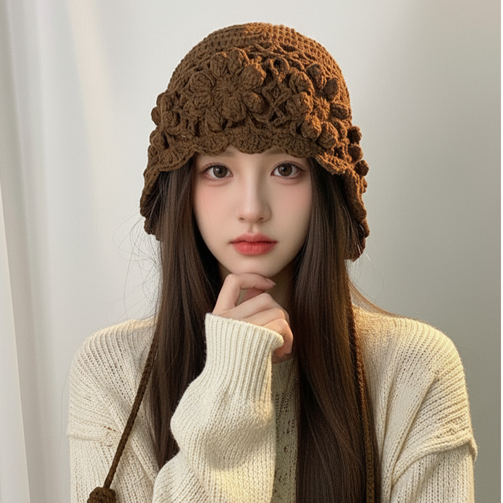 手工钩织花朵流苏毛线帽女秋冬川西旅游百搭时尚显脸小针织包头帽