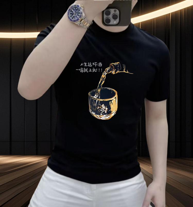 2025夏季新款痞帅时尚潮牌男士百搭高端弹力常规款短袖印花体恤
