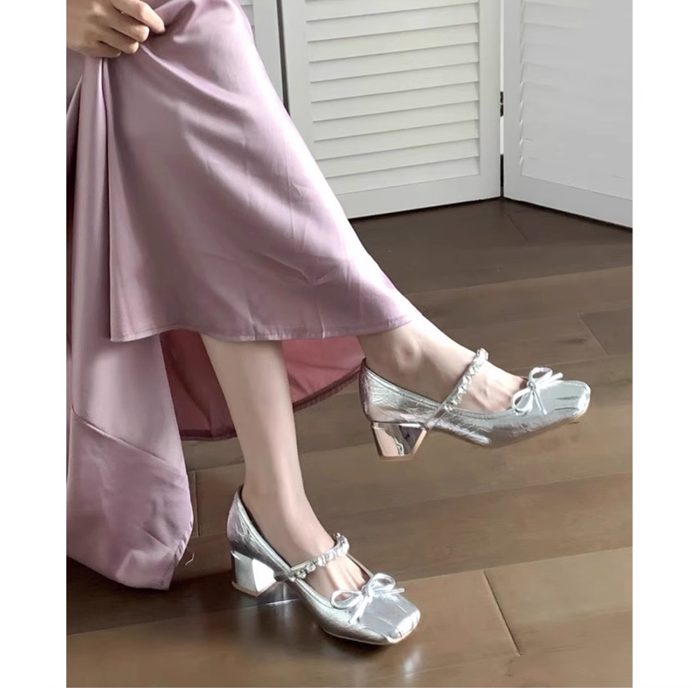 仙女风蝴蝶结水钻粗跟玛丽珍浅口单鞋女法式银色jk高跟鞋女配裙子