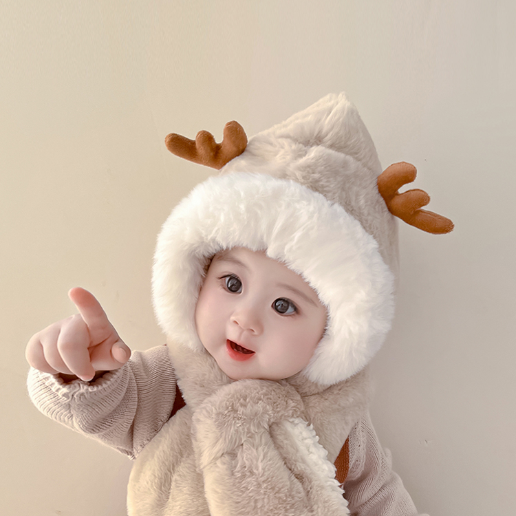 宝宝帽子秋冬款儿童围巾一体帽女孩可爱婴儿毛绒帽冬季男孩护耳帽