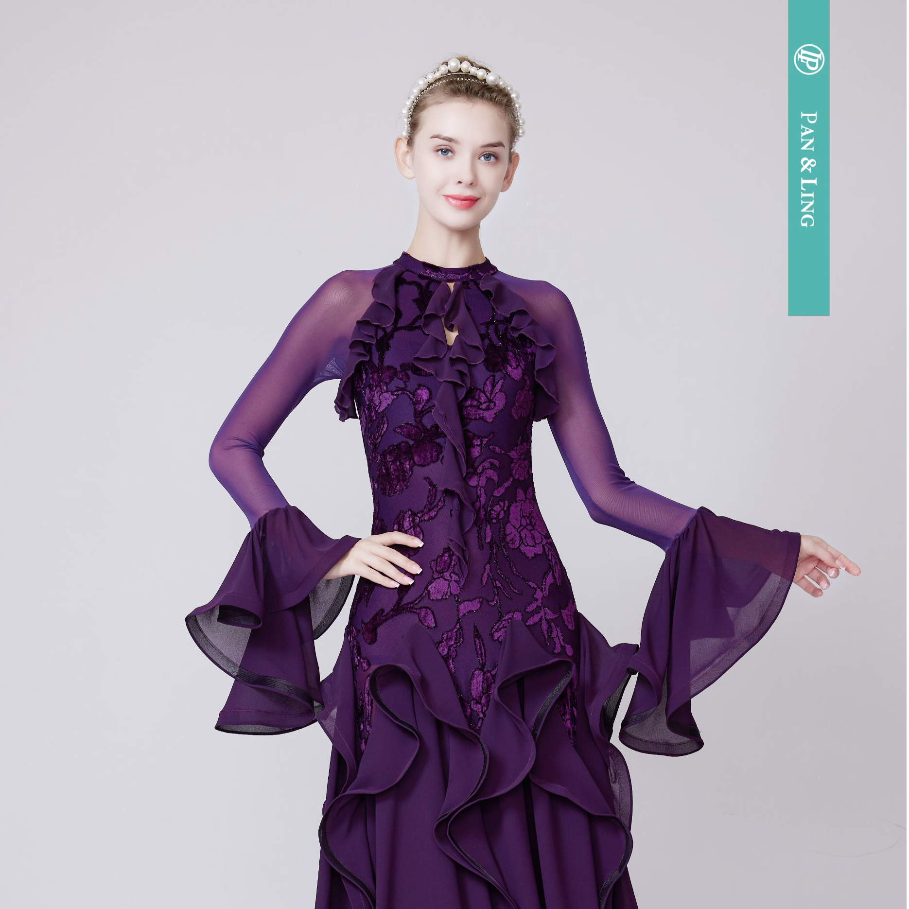 【LP舞服】原创设计-花朵鱼骨层叠荷叶边专业摩登国标连衣裙