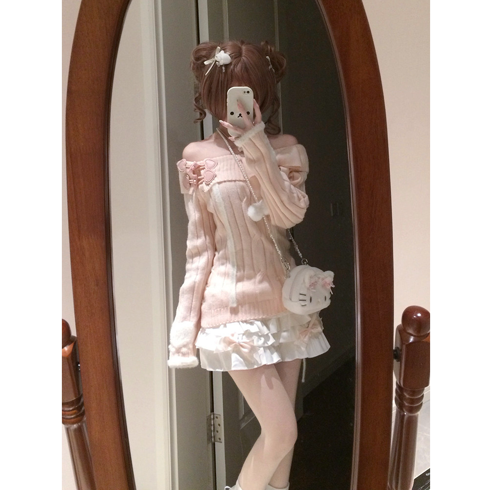桃欲欲 冬季新款一字肩粉色针织上衣+蝴蝶结蛋糕短裙甜美两件套女