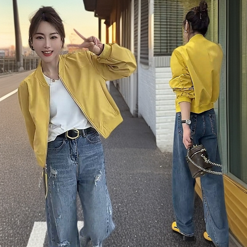 黄色高级感春秋季新款时尚百搭圆领拉链棒球服短外套女夹克上衣