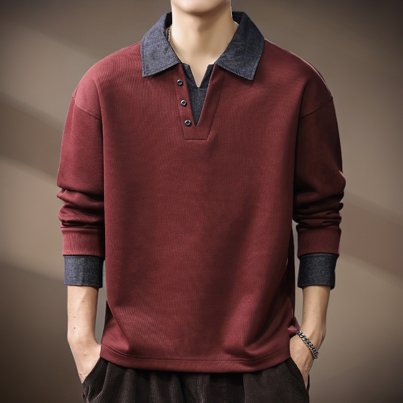 高端假两件撞色拼接重磅牛仔Polo衫男秋季美式复古宽松翻领卫衣男