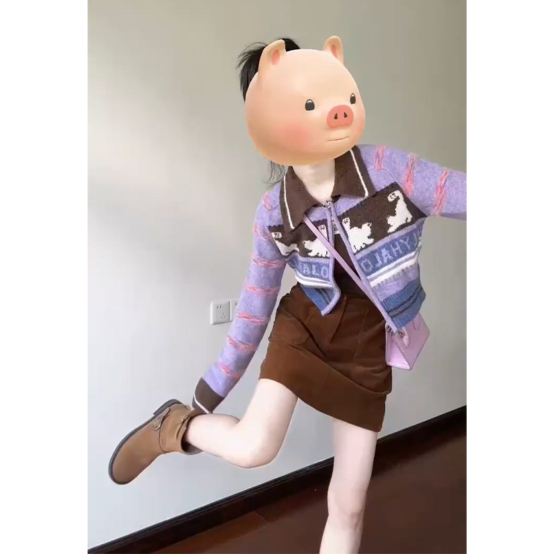 2025早秋新款韩系穿搭女翻领长袖拼色毛衣开衫百搭高腰显瘦半身裙