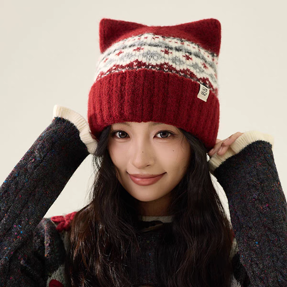韩版提花猫耳针织帽女秋冬季可爱百搭保暖毛线帽加绒护耳套头帽子
