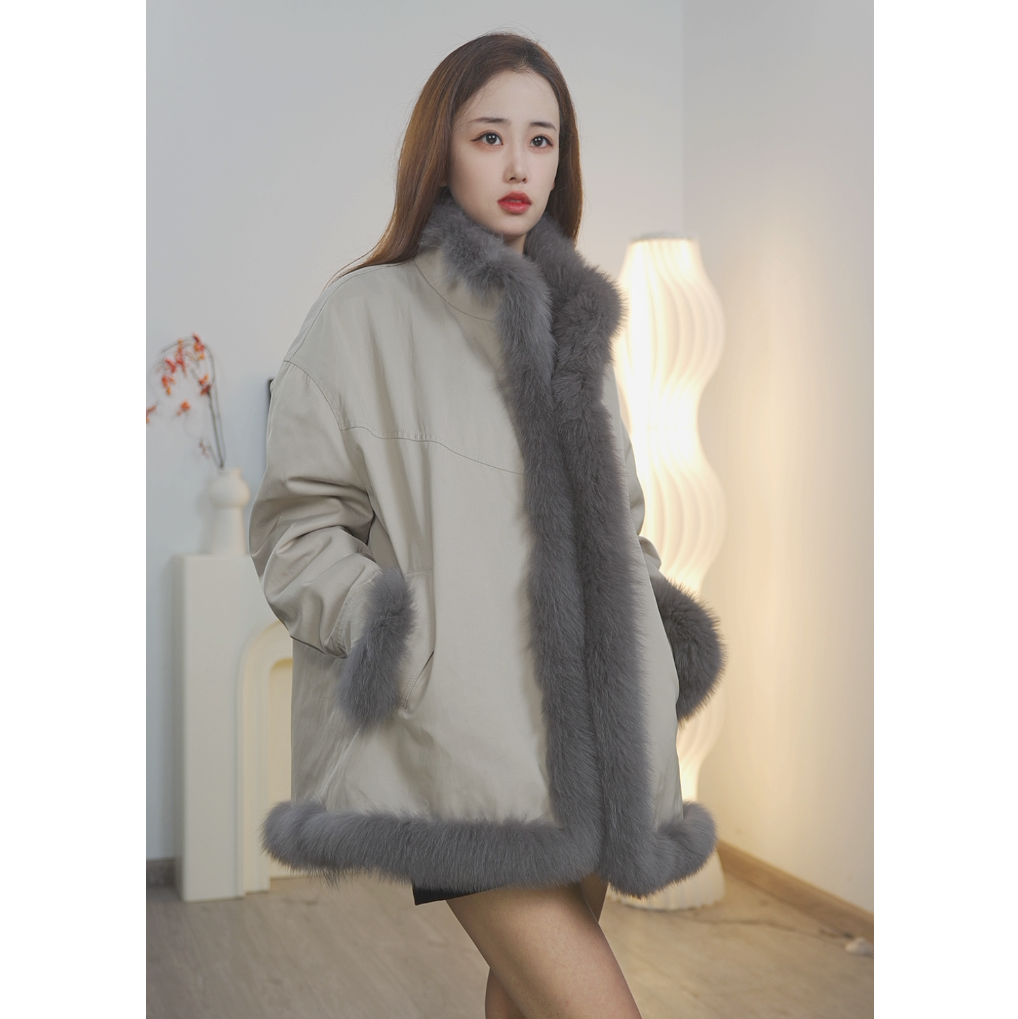 2025秋冬新款海宁真皮毛一体兔皮毛女中长款双面穿派克服