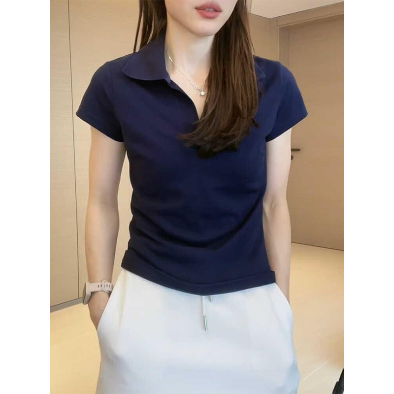 2025年夏季新款polo领短袖t恤女装薄款上衣小众大码纯色修身显瘦