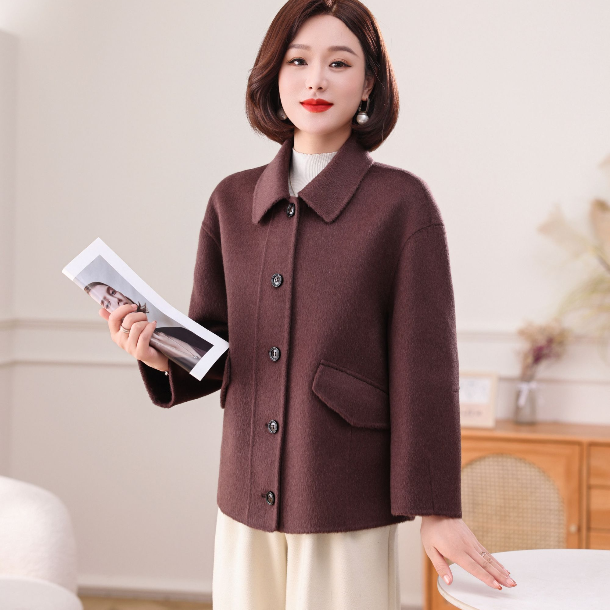 ziyang/孜洋骆驼绒羊毛双面大衣女短款2025秋冬韩版呢子外套5217