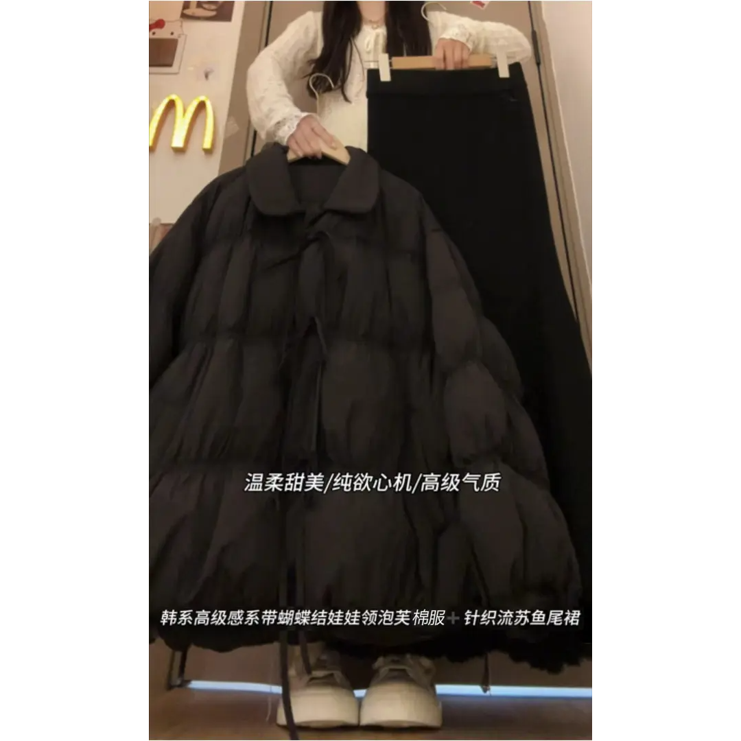 2026秋冬新款韩系高级感泡芙棉服外套灰色打底衫流苏鱼尾裙三件套