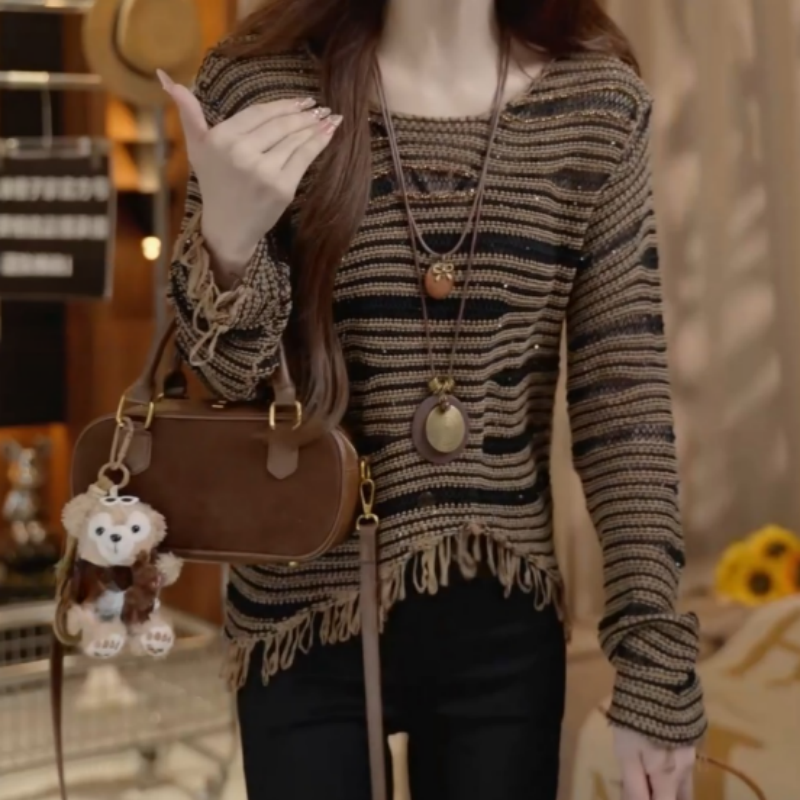 新款百搭洋气复古套头流苏亮片打底衫T恤LK2505930