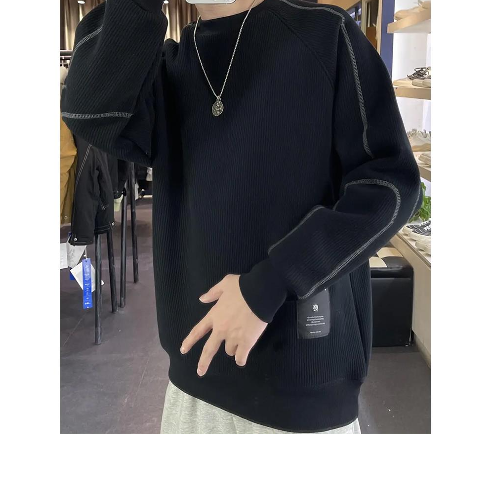 灏吉弧圆领男子运动衫春秋季宽松2025冬季新底秋冬衬衫衬里厚上衣