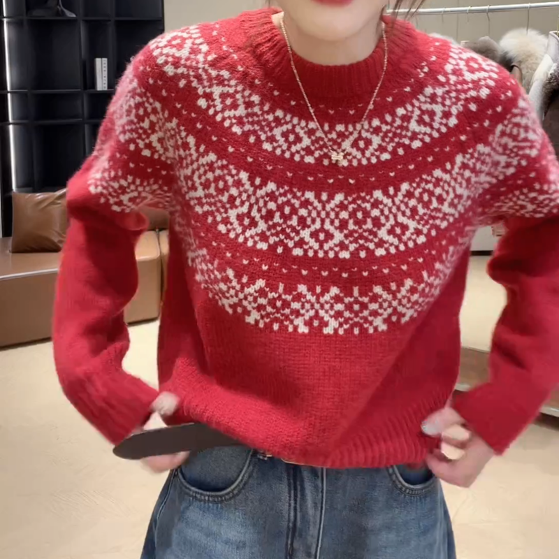 冬季圆领提花复古套头毛衣时尚慵懒风保暖上衣LK2508407