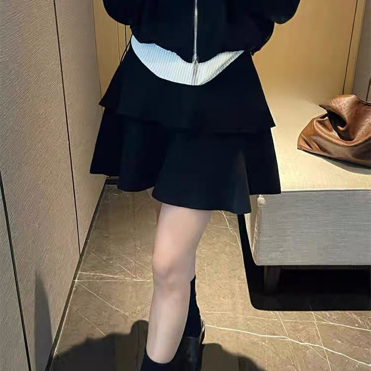 秋冬新款时尚简约针织半身裙子小个子气质百搭显瘦A字蛋糕裙黑色