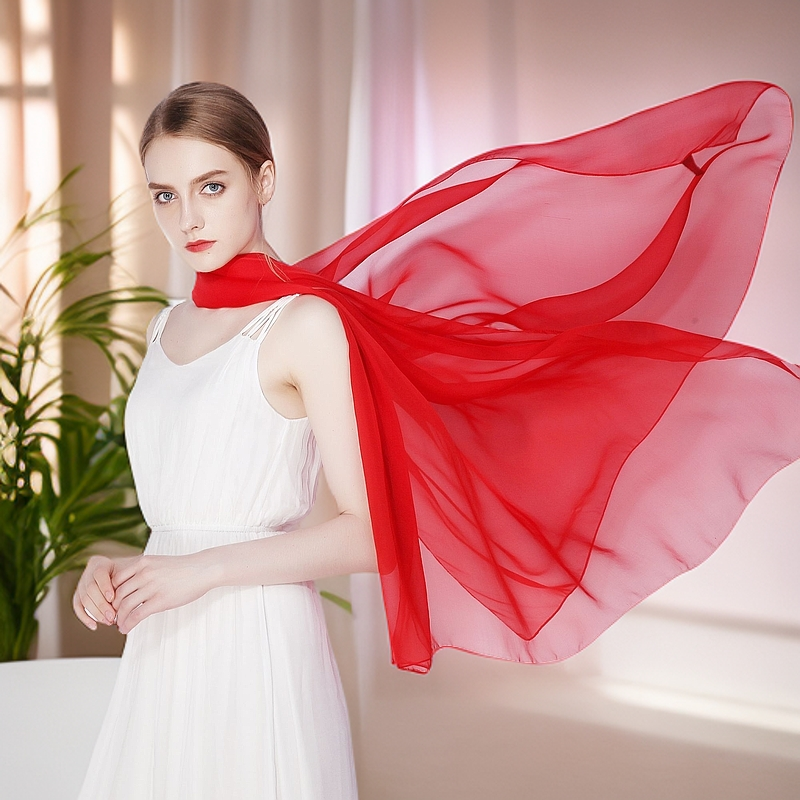 品牌高端桑蚕丝180*65cm披肩纯色春秋薄款纱巾红色真丝丝巾女围巾
