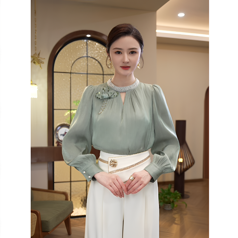 唐熹现货2026年春秋季【DD-2539】小众高级设计感绿色长袖衬衫上