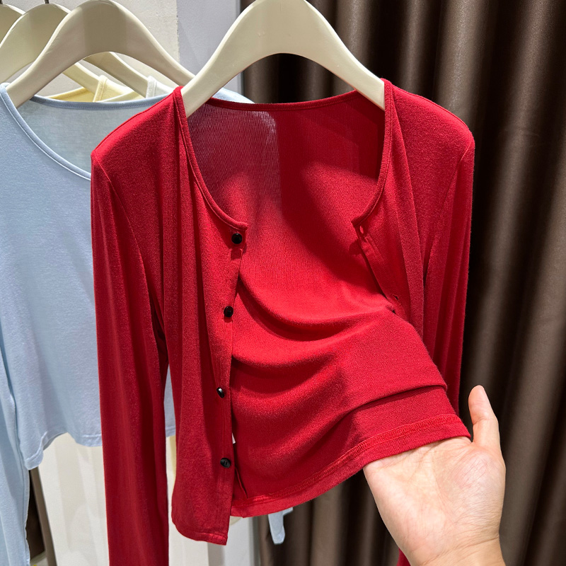 红色针织防晒开衫外套女2025秋冬新款吊带裙外搭披肩罩衫薄款上衣