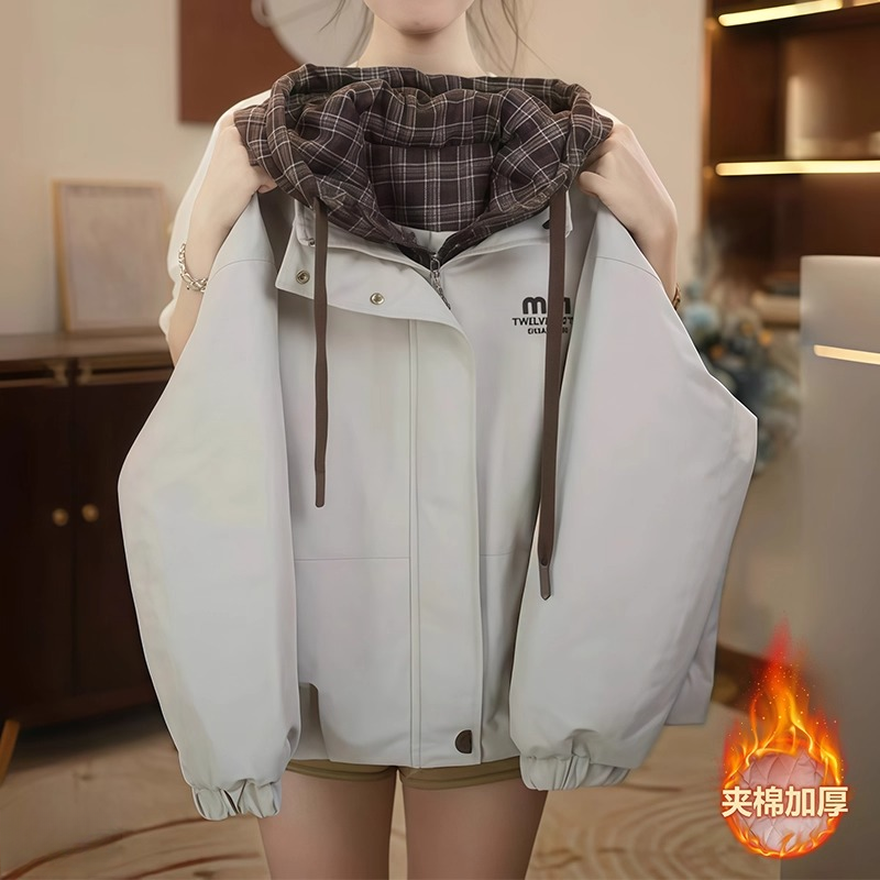 女童假两件格子拼接棉服外套2025新款秋冬夹棉冲锋衣二棉夹克防风