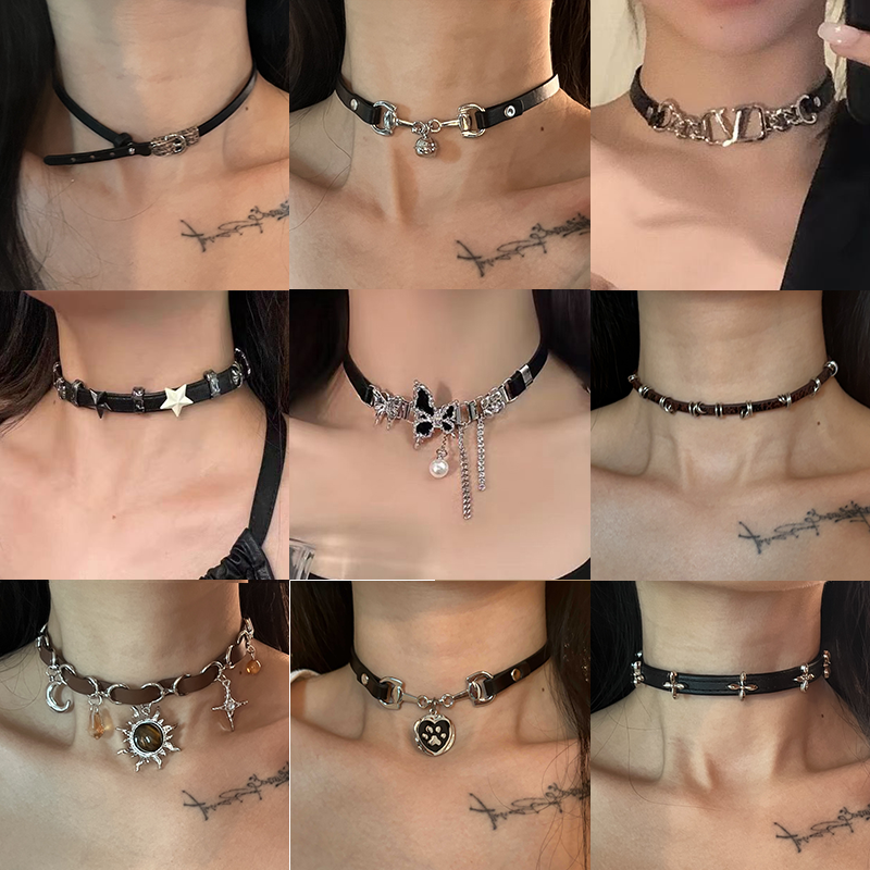 铜合金亚克力项链 小众设计感黑色皮带扣choker锁骨链项圈颈环女