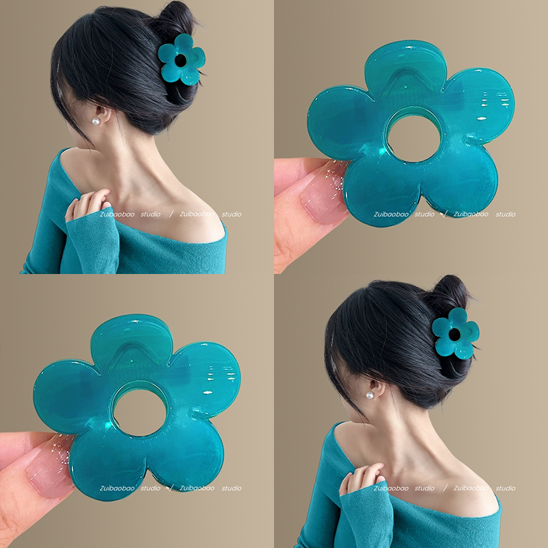 蓝色的花~百搭花朵发夹抓夹女高级感鲨鱼夹半扎发后脑勺盘发器女