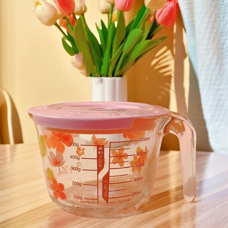 樱花1000ML量杯+勺子带盖大容量热牛奶耐热打蛋带盖
