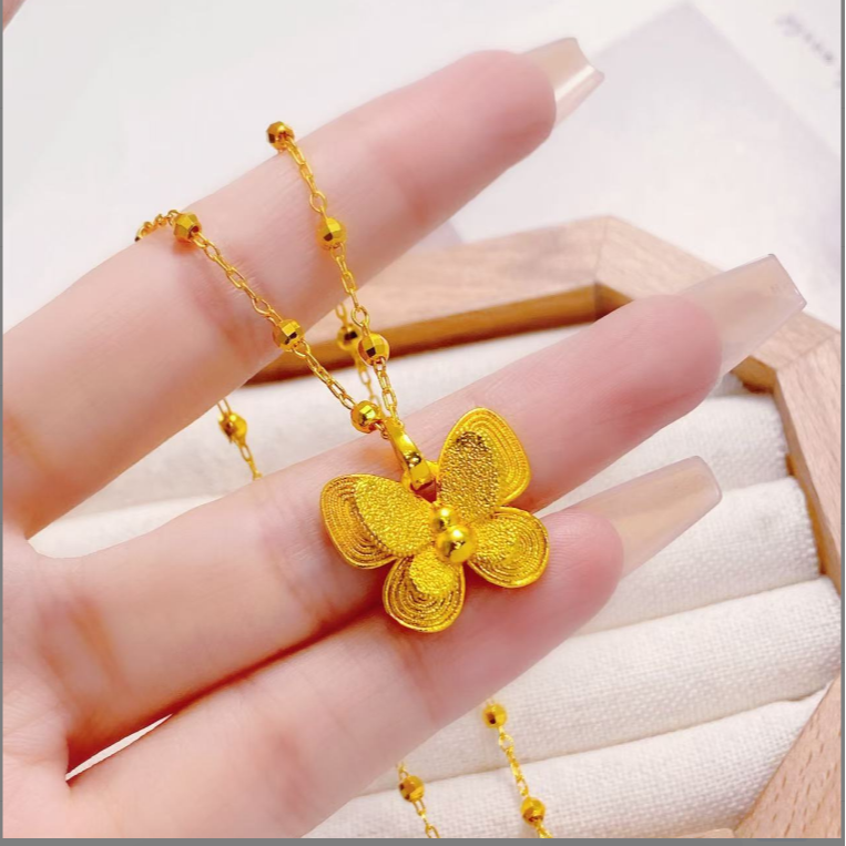 铜合金项链 【蹦迪珠链条+蝴蝶吊坠】新中式拉丝蝴蝶项链轻奢毛衣链