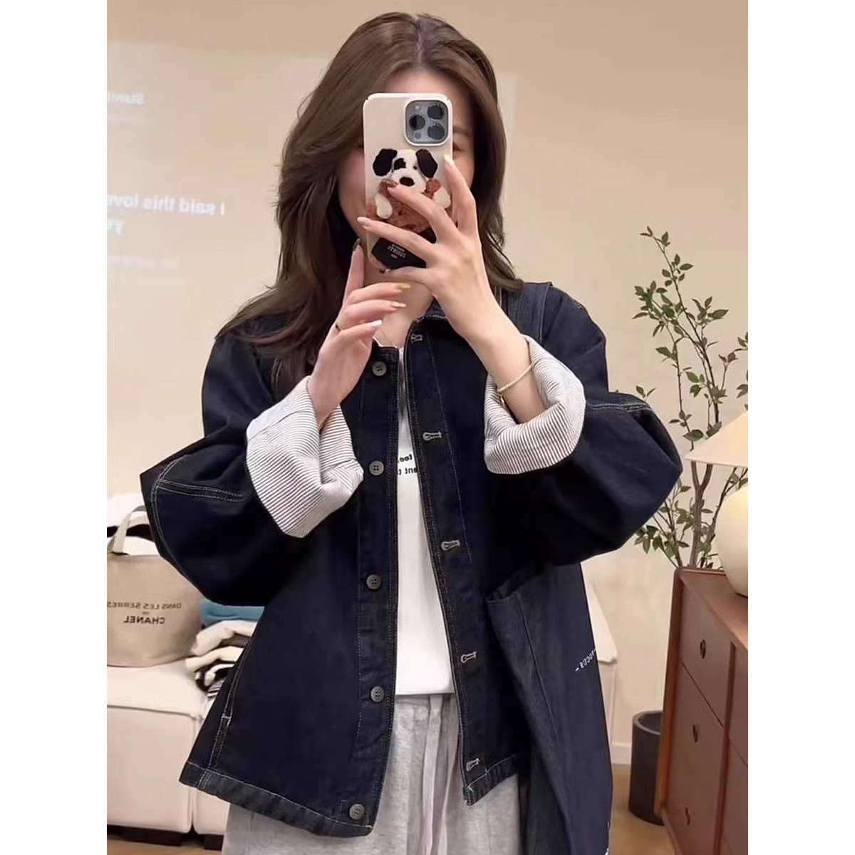 韩系袖口拼接条纹短牛仔外套女2025春季新款休闲宽松显瘦上衣夹克