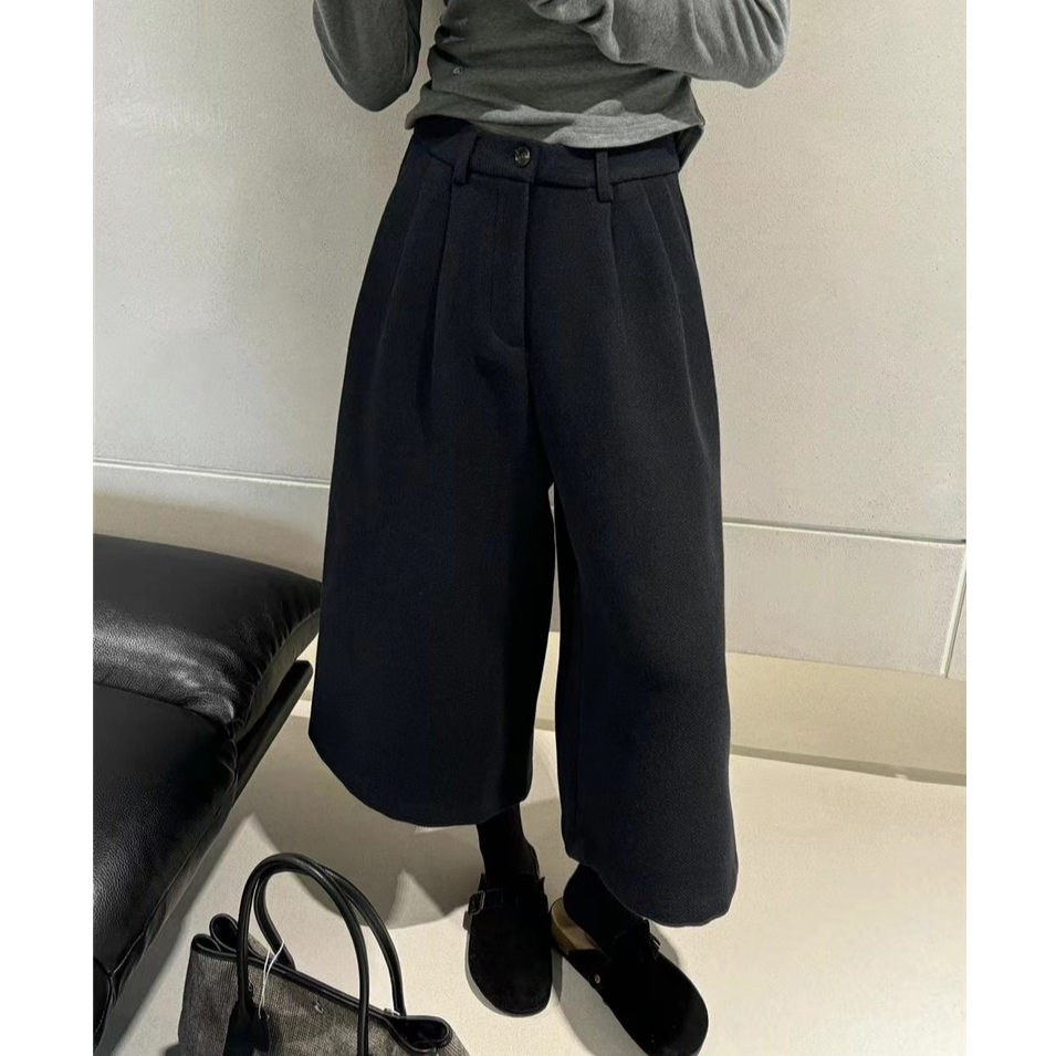 韩系气质显瘦毛呢七分阔腿裤女秋冬宽松直筒黑色休闲裤复古八分裤