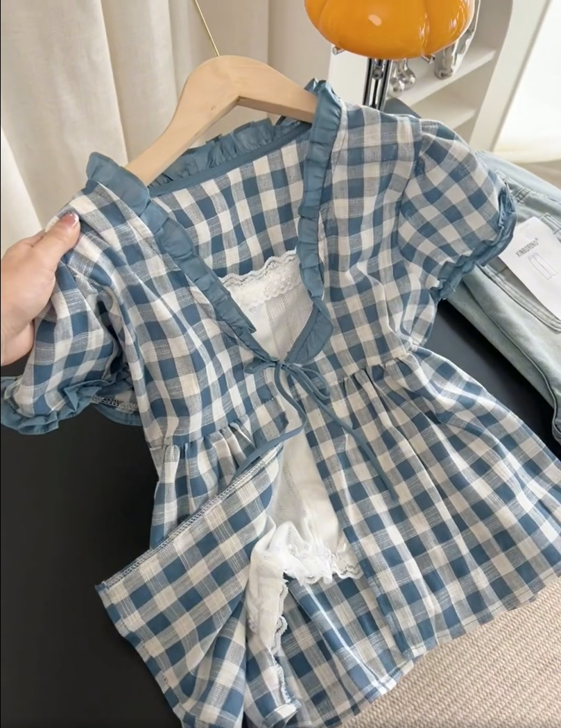 2025年夏季新款韩系设计感格子假两件短袖衬衫设计感时尚女装上衣