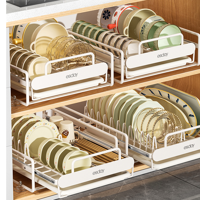 橱柜抽拉式碗碟置物架厨房带轨道抽屉碗盘收纳架易时代碗碟拉篮