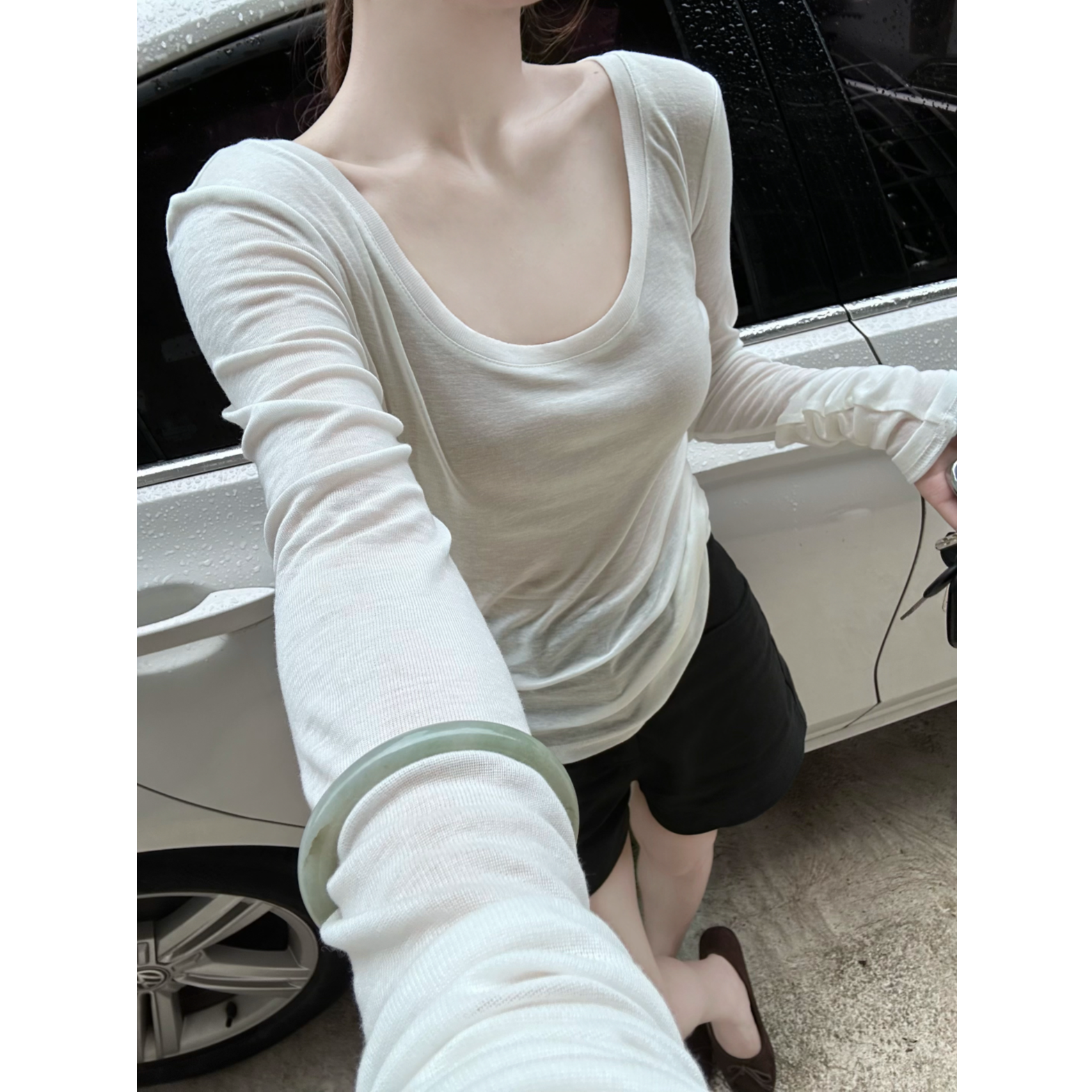 2025夏季新款老钱风圆领修身显瘦微透春秋薄款防晒长袖T恤女